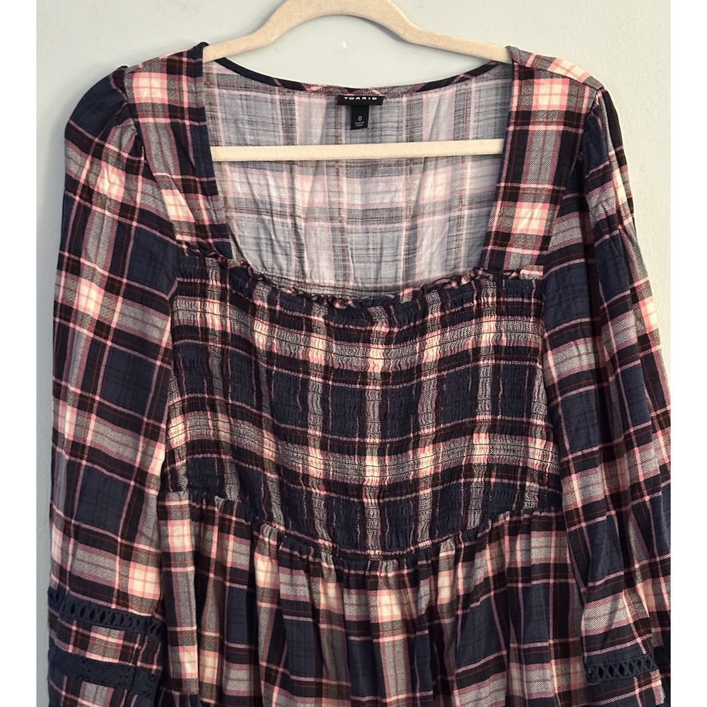 Torrid Babydoll Rayon Slub With Lace Inset Smocked Tiered Top Blue Plaid Large - Picture 2 of 11